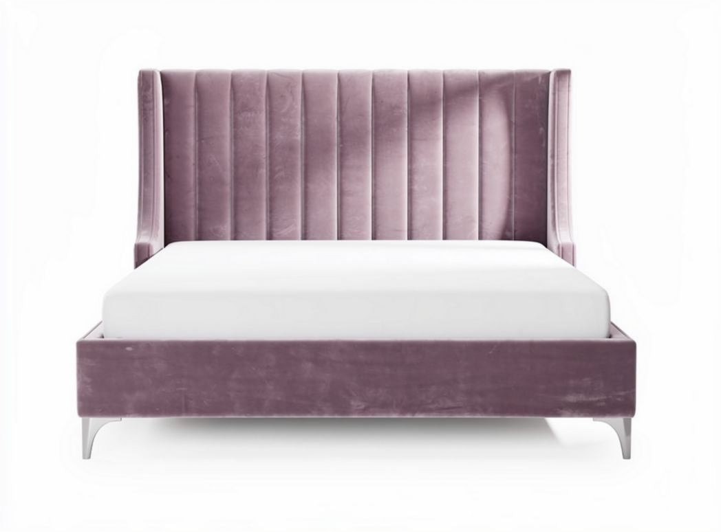 Lit en velours rose avec tête de lit rembourrée 210 x 160 x 110cm
