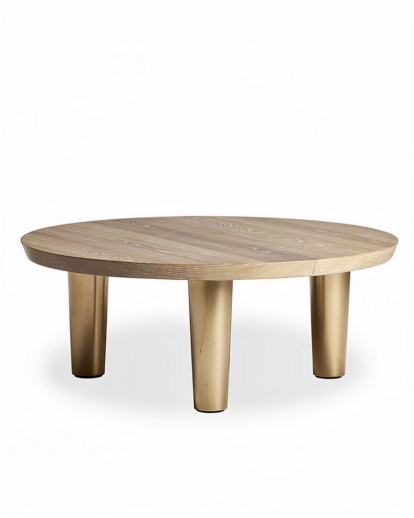 Table basse ronde en bois clair avec pieds en métal doré 90 x 90 x 40cm